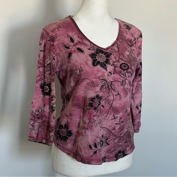 Gloria Vanderbilt Mauve Floral Velvet Trim 3/4 Sleeve V Neck Top Y2K Size S - Picture 6 of 6